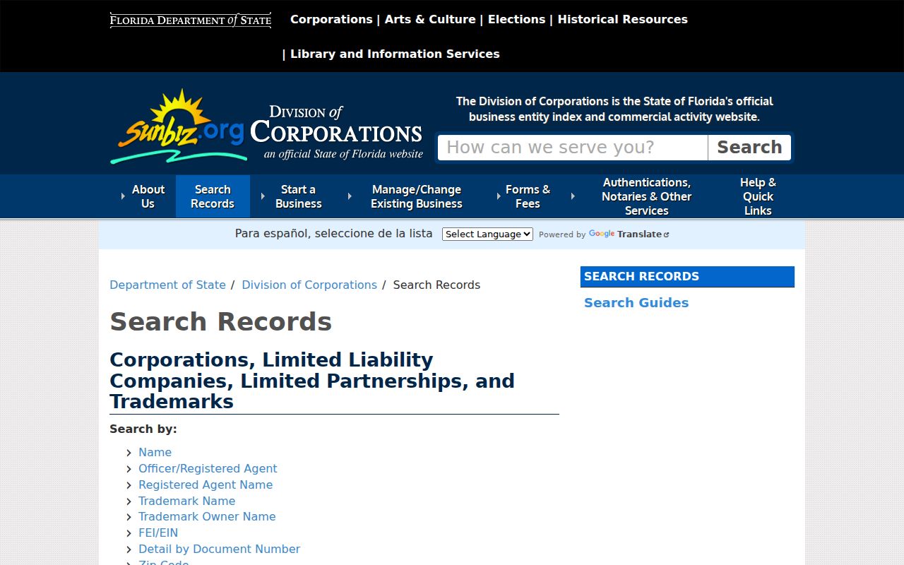 Florida Sunbiz official business search used with a Seminole County street address