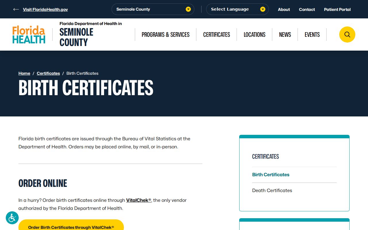 Florida Department of Health in Seminole County birth certificate page